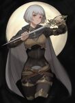  1girl absurdres armlet basket_hilt belt black_background blush bracer brown_pants brown_shirt cape commentary cowboy_shot dojen english_commentary facing_viewer fleur-de-lis full_moon grey_cape grey_eyes grey_gemstone highres holding holding_sword holding_weapon jewelry light_frown looking_at_viewer moon moon_behind_head multiple_belts original pants rapier shirt short_hair solo sword thighlet weapon white_hair 
