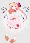  1girl :&lt; animal_slippers bangs bear_slippers blonde_hair bow crystal flandre_scarlet full_body grey_background hair_bow hat highres long_hair long_sleeves mob_cap nightgown object_hug one_side_up pink_headwear pink_nightgown red_bow red_eyes slippers slit_pupils socks solo sparkle stuffed_animal stuffed_toy teddy_bear touhou white_legwear wings you_(noanoamoemoe) 
