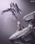  2girls :o absurdres aris_(blue_archive) aris_(mecha_suit)_(blue_archive) bandaged_arm bandages blue_archive blue_eyes blue_gloves blue_necktie blue_skirt blue_thighhighs character_request elbow_gloves energy_gun gloves hair_between_eyes hair_ribbon highres laser_rifle leotard long_hair looking_at_another mecha mecha_pilot_suit multiple_girls necktie one_side_up open_mouth red_ribbon ribbon robot shirt sidelocks skirt thighhighs two_side_up weapon white_leotard white_shirt zheng_kai_xin 