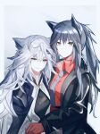  2girls arknights arm_around_shoulder black_gloves black_hair black_jacket blue_eyes collared_shirt dress_shirt dumenggu eyebrows_visible_through_hair gloves grey_background grey_hair grey_necktie hair_between_eyes hair_ornament hairclip highres jacket lappland_(arknights) lappland_(refined_horrormare)_(arknights) long_hair looking_at_viewer multicolored_hair multiple_girls necktie official_alternate_costume open_clothes open_jacket ponytail red_gloves red_hair red_shirt scar scar_across_eye shirt sidelocks simple_background streaked_hair texas_(arknights) texas_(willpower)_(arknights) upper_body yellow_eyes 