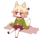  1girl alechon animal_ear_fluff animal_ears arm_support bangs bell blonde_hair blush brown_footwear closed_mouth collar commentary eyebrows_visible_through_hair fox_ears fox_girl fox_tail full_body green_shirt hair_ornament hair_stick kemomimi-chan_(naga_u) long_sleeves looking_to_the_side medium_hair neck_bell neckerchief orange_neckerchief original pleated_skirt purple_collar purple_eyes purple_skirt shirt shoes signature sitting skirt sleeves_past_fingers sleeves_past_wrists solo tail thighhighs white_background white_legwear 