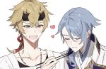  2boys :t alternate_costume apron bangs blonde_hair blue_hair blush chopsticks closed_eyes closed_mouth eating fake_horns genshin_impact green_eyes hair_between_eyes headband heart holding holding_chopsticks horned_headwear horns japanese_clothes kamisato_ayato kappougi male_focus mole mole_under_mouth multiple_boys open_mouth poi_poifu ponytail simple_background thoma_(genshin_impact) white_background yaoi 