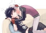  2boys black_hair blush boy_on_top commentary_request embarrassed faceless faceless_male flustered from_side hands_on_another&#039;s_face highres imminent_kiss implied_yaoi kemono_jihen kusaka_kabane looking_at_another male_focus multiple_boys nervous open_mouth profile shota_on_shota shy tademaru_shiki touching wao_(77_af5) 