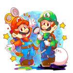  2boys bangs baseball_cap black_eyes boo_(mario) brothers brown_footwear brown_hair closed_mouth f.l.u.d.d. facial_hair full_body ghost green_headwear hat highres hiyashimeso luigi luigi&#039;s_mansion male_focus mario mario_(series) multiple_boys mustache nintendo paint plumber poltergust_3000 red_headwear short_hair siblings smile standing star_(symbol) super_mario_sunshine 