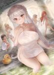  5girls breasts conte_di_cavour_(kancolle) dutch_angle feet_out_of_frame grecale_(kancolle) grey_eyes kantai_collection large_breasts libeccio_(kancolle) looking_at_viewer maestrale_(kancolle) multiple_girls naked_towel onsen pillar red_eyes rubber_duck scirocco_(kancolle) smile soaking_feet solo_focus steam toka_(marchlizard) towel two_side_up 