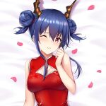  1girl arknights bare_shoulders blush breasts ch&#039;en_(ageless_afterglow)_(arknights) ch&#039;en_(arknights) china_dress chinese_clothes cirnos cleavage cleavage_cutout clothing_cutout double_bun dragon_horns dress eyebrows_visible_through_hair hair_between_eyes hand_up horns lips long_hair looking_at_viewer lying medium_breasts official_alternate_costume on_back on_bed one_eye_closed petals red_dress red_eyes sidelocks sleeveless sleeveless_dress solo upper_body 