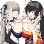  2girls ahoge akaoni_(zumt3548) anger_vein azur_lane bangs bare_shoulders between_breasts black_dress black_hair black_ribbon black_sleeves breast_press breasts cleavage collarbone commentary_request commission crossed_bangs dress eye_contact eyebrows_visible_through_hair formidable_(azur_lane) frilled_dress frills hair_between_eyes hair_ribbon hands_up highres japanese_clothes kimono large_breasts long_hair looking_at_another mask mask_on_head motion_lines multiple_girls necktie necktie_between_breasts obi open_mouth red_eyes red_kimono red_ribbon ribbon sash sidelocks silver_hair simple_background skeb_commission sound_effects standing symmetrical_docking taihou_(azur_lane) teeth twintails two-tone_dress two-tone_ribbon upper_body very_long_hair white_background white_dress white_necktie white_ribbon wide_sleeves 