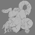  4_ears 4_horns anthro anus butt charr claws fangs felid female fluffy fluffy_tail grey_background guild_wars hand_behind_neck hi_res horn mammal multi_ear multi_horn nitrods pawpads simple_background solo spread_butt spread_legs spreading upside_down video_games 