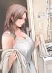  1girl breasts brown_hair cleavage eyelashes from_side highres holding indoors large_breasts laundry light_switch lips original pants parted_lips purple_eyes shelf solo unworn_clothes urasuji_samurai washing_machine white_pants 