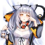  1girl arknights blush breasts cirnos coat collarbone criss-cross_halter dress eyebrows_visible_through_hair grey_coat grey_hair halterneck lying medium_breasts medium_hair nipples on_back on_bed open_clothes open_coat orange_eyes owl_ears parted_lips ptilopsis_(arknights) rubbing_eyes see-through_dress sleep_bubble solo tearing_up upper_body white_dress 