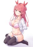  1girl arms_behind_back bangs black_legwear blush bra breasts cleavage collarbone collared_shirt eyebrows_behind_hair frown hair_ribbon highres large_breasts long_hair looking_at_viewer navel open_clothes open_shirt original panties pink_bra pink_panties red_eyes red_hair red_ribbon ribbon shirt sitting solo thighhighs two_side_up underwear wariza white_background white_shirt wing_(aiastor) 