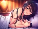  1girl bangs bed_sheet black_hair blue_eyes blush breasts bubuzuke cleavage closed_mouth collarbone eyebrows_visible_through_hair game_cg hair_between_eyes hitotsumami large_breasts long_hair looking_at_viewer lying niijima_izumi on_stomach pillow shiny shiny_hair solo straight_hair swept_bangs under_covers upper_body 