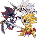  3boys armor cape closed_mouth excalibur_sonic frown furry furry_male galahad_(sonic) green_eyes helmet highres holding holding_sword holding_weapon lancelot_(sonic) multiple_boys satosi_peter shadow_the_hedgehog silver_the_hedgehog simple_background sonic_(series) sonic_and_the_black_knight sonic_the_hedgehog sword weapon 