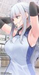  1girl adjusting_hair armpits arms_behind_head arms_up bangs blue_eyes breasts collarbone commentary detached_sleeves eyebrows_visible_through_hair gym_uniform hair_tie_in_mouth highres hime_cut jjune large_breasts long_bangs long_hair long_sleeves looking_away mouth_hold original shirt sidelocks silver_hair sleeveless sleeveless_shirt solo sportswear steaming_body sweat symbol-only_commentary tying_hair upper_body v-shaped_eyebrows vambraces volleyball_net volleyball_uniform white_shirt 