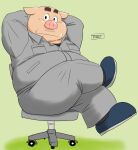  2022 anthro biped bottomwear chair clothing domestic_pig furniture kemono male mammal overweight overweight_male pants shirt sitting solo suid suina sus_(pig) topwear toshi_(artist) 