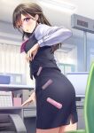  1girl amagi_shino artist_name blush brown_hair calendar_(object) commentary_request dropping eyelashes highres long_hair long_sleeves office office_lady original purple_eyes receptionist_girl_(amagi_shino) shirt signature skirt solo standing surprised vest white_shirt 