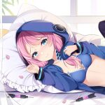  arknights blue_bra blue_eyes blue_jacket blue_poison_(arknights) blush bra breasts cirnos dart hands_up hood hood_up jacket looking_at_viewer low_twintails lying on_bed on_side open_clothes open_jacket petals pillow pink_hair scales small_breasts smile twintails underwear upper_body 