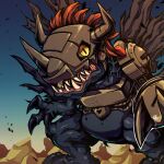  black_wings blue_skin colored_skin commentary cyborg derivative_work digimon digimon_(creature) digimon_world dinosaur english_commentary helmet highres horns long_hair mechanical_arms metalgreymon_(virus) no_humans red_hair ridgeone sharp_teeth single_mechanical_arm slit_pupils solo spiked_hair teeth torn_wings video_game_cover_redraw wings yellow_eyes 