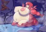  2022 anthro belly big_belly big_breasts blin_(tloz) bodily_fluids bokoblin breasts breath_of_the_wild diving_mask duo eyes_closed female grabbing hand_fan holding_object male marine mask mipha morbidly_obese morbidly_obese_anthro morbidly_obese_female navel nintendo nipples nude obese obese_anthro obese_female outie_navel overweight overweight_anthro overweight_female partially_submerged shinysteel sitting steam sweat the_legend_of_zelda underwater video_games water wet zora 