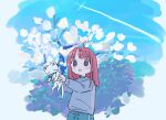  1girl 1nupool :o ahoge animal cat commentary fish highres holding holding_animal holding_cat long_hair original purple_eyes red_hair white_cat 