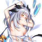  1girl arknights bare_back breasts cirnos coat coat_removed dress eyebrows_visible_through_hair grey_hair looking_at_viewer looking_back medium_breasts medium_hair nipples orange_eyes owl_ears ptilopsis_(arknights) see-through see-through_dress solo staff torn_clothes torn_dress upper_body white_dress 