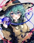  1girl :d aqua_eyes black_headwear blouse blush bow buttons commentary diamond_button eyebrows_visible_through_hair floral_print frilled_shirt_collar frilled_sleeves frills green_hair green_skirt grey_background hair_between_eyes hand_up hat hat_bow heart heart_of_string holding komeiji_koishi long_sleeves looking_at_viewer medium_hair one-hour_drawing_challenge open_mouth rose_print simple_background skirt smile solo third_eye thorns touhou tsurime upper_body wavy_hair wide_sleeves yellow_blouse yellow_bow yuma_(yuuma_pants) 