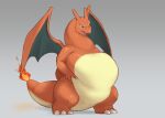  2021 absurd_res ambiguous_gender belly big_belly charizard claws feral hi_res holding_belly membrane_(anatomy) membranous_wings mmm_debzyo nintendo obese obese_ambiguous obese_feral open_mouth overweight overweight_ambiguous overweight_feral pok&eacute;mon pok&eacute;mon_(species) simple_background solo standing video_games wings 