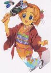  1girl alternate_costume black_sandals blue_eyes braid churchill_(tank) commentary emblem floral_print flower full_body girls_und_panzer hagoita hair_flower hair_ornament hane_(hanetsuki) hanetsuki haori heel_up helmet_(trailblazer003) japanese_clothes kimono long_sleeves military_vehicle motor_vehicle obi open_mouth orange_hair orange_kimono orange_pekoe_(girls_und_panzer) paddle parted_bangs print_kimono red_haori sandals sash short_hair smile socks solo st._gloriana's_(emblem) standing tabi tank traditional_media twin_braids white_socks wide_sleeves 