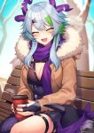  1girl :d ^_^ blue_hair breasts brown_coat cleavage closed_eyes coat commission cup facial_tattoo fur-trimmed_coat fur_trim highres holding holding_cup horns kinsenka_momi long_hair medium_breasts original purple_horns purple_scarf scarf sitting skeb_commission smile solo tattoo thighs 