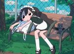  1girl 1nupool ahoge animal bag bench black_hair blush_stickers cat chain-link_fence commentary day fence grass highres horns kneehighs long_hair maid maid_headdress original outdoors plastic_bag white_legwear wings 