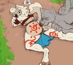 absurd_res annoyed anon anthro biege_fur big_butt black_eyes blue_clothing bluey_(series) bottomwear brown_body butt butt_markings butt_sniffing canid canine canis casual_nudity chow_chow clothing crossed_arms dipstick_tail dirt_path domestic_dog duo female fluffy fluffy_tail frustration_cloud genitals head_on_butt hi_res huge_filesize jewelry leather leather_clothing loincloth looking_back lying lying_on_ground male male/female mammal markings nose_to_anus on_front on_ground outside pawpads pussy raised_tail red_martian red_tattoo sniffing spitz spread_butt spreading tail tail_markings tattoo thick_thighs tribal tribal_markings tribal_tattoo wendy_(bluey) wide_hips zrider