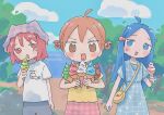  1nupool 3girls :3 :d ahoge blue_eyes blue_hair blush_stickers brown_eyes commentary day doyagao dress food hat highres holding holding_food ice_cream_cone long_hair multiple_girls orange_hair original outdoors red_eyes red_hair shirt short_hair smile smug sweatdrop t-shirt 