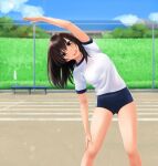  1girl :d arm_up bangs bench black_hair blue_shorts blurry blurry_background bottle breasts brown_eyes chain-link_fence commentary_request day depth_of_field eyebrows_visible_through_hair feet_out_of_frame fence gym_shirt gym_shorts gym_uniform highres leaning_to_the_side long_hair looking_at_viewer medium_breasts nonaka_ritsu original outdoors shirt short_shorts shorts smile solo standing stretch teeth towel upper_teeth water_bottle white_shirt 
