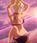  1girl artist_request bare_shoulders bikini blonde_hair dark-skinned_female dark_skin dumbbell_nan_kilo_moteru? eyelashes green_eyes gyaru hair_bun hair_up happy highres long_hair ocean sakura_hibiki segment_display sitting smile solo source_request sunset swimsuit tan 