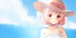  1girl blue_sky closed_mouth cloud dress eyebrows_visible_through_hair hat hat_ribbon highres looking_at_viewer maru.selinn mole_on_body original outdoors pink_eyes pink_hair pink_ribbon ribbon short_hair sky smile solo strap_slip straw_hat summer sundress upper_body white_dress 