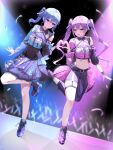  2girls ankle_boots asymmetrical_clothes belt black_boots black_pants black_shirt black_skirt blue_eyes blue_hair blue_light blue_overskirt blue_ribbon blue_skirt boots breasts center-flap_bangs center_frills collared_shirt color-coded color_coordination colored_inner_hair commentary cropped_shirt dancing detached_sleeves double-parted_bangs ear_piercing eye_contact frills full_body glowstick green_eyes hair_between_eyes hair_ribbon heart heart_hands heart_hands_duo highres hololive hololive_idol_uniform_(color_rise) hoshimachi_suisei idol idol_clothes leotard leotard_under_clothes long_hair looking_at_another medium_hair midriff miniskirt multicolored_hair multicolored_shirt multiple_girls nanase_nayumu navel official_alternate_costume overskirt pants piercing pink_hair platform_boots platform_heels puffy_detached_sleeves puffy_sleeves purple_hair purple_light purple_overskirt purple_shirt ribbon see-through_clothes see-through_leotard see-through_midriff shirt side_ponytail single_detached_sleeve single_pantsleg single_sleeve skirt small_breasts spotlight stage standing standing_on_one_leg star_(symbol) star_in_eye streaked_hair symbol-only_commentary symbol_in_eye thigh_strap tokoyami_towa twintails virtual_youtuber white_shirt 