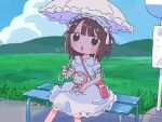  1girl 1nupool bench blush_stickers brown_eyes brown_hair bus_stop_sign commentary day dress frilled_hairband frills grass hairband highres medium_hair original outdoors parasol sitting solo thermos umbrella white_dress 