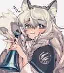  1girl :3 animal_ears arknights bell black_cape blush braid cape eyebrows_visible_through_hair grey_background grey_hair hair_between_eyes hands_up highres holding holding_bell leopard_ears leopard_girl leopard_tail long_hair looking_at_viewer mmm_ma_pmpm pramanix_(arknights) ribbed_sweater side_braids simple_background solo sweater tail tail_raised turtleneck turtleneck_sweater upper_body v white_sweater 