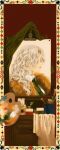  absurdres art_brush border canvas_(object) cup easel heqiao highres object_focus ornate_border paint paintbrush painting_(object) palette_(object) palette_knife pencil portrait_(object) red_background reverse:1999 windsong_(reverse:1999) yellow_border 