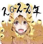  1girl 2022 aisaka_taiga animal_costume animal_print bangs brown_eyes brown_hair chinese_zodiac commentary_request eyebrows_behind_hair hair_between_eyes highres long_hair looking_at_viewer open_mouth partial_commentary simple_background solo teeth tiger_costume tiger_print tora_inu toradora! upper_body upper_teeth white_background year_of_the_tiger 