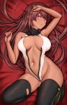  1girl alice_gear_aegis areola_slip areolae arm_up armpits bare_arms bare_shoulders bed_sheet black_legwear blush breasts brown_hair center_opening cleavage commentary_request covered_collarbone dark-skinned_female dark_skin fatima_betrorum from_above groin hand_on_forehead highleg highleg_leotard knees_up large_breasts leg_up leotard long_hair looking_at_viewer lying navel on_back open_leotard parted_lips purple_eyes skindentation solo stomach thighhighs torn_clothes torn_legwear unzipped very_long_hair white_leotard zipper_pull_tab zukky 