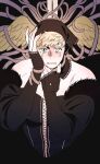  1boy black_background black_dress blonde_hair commentary cosplay crossdressing crying crying_with_eyes_open daki_info dress dungeon_meshi extra_pupils hands_up highres juliet_sleeves kensuke_(dungeon_meshi) laios_touden long_sleeves looking_at_viewer male_focus marcille_donato marcille_donato_(lord) marcille_donato_(lord)_(cosplay) puffy_sleeves short_hair simple_background sword symbol-only_commentary tears tentacles weapon yellow_eyes 