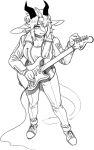  2022 anthro bottomwear breasts chabett clothing dragon eyebrows female footwear fur furred_dragon guitar hair hi_res horn musical_instrument pants pgm300 plucked_string_instrument shirt shoes short_hair sketch solo standing string_instrument topwear 