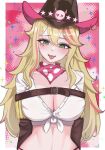  1girl animal_print bandana blonde_hair breasts brown_sleeves commentary cow_print cowboy_hat english_commentary eyeshadow facial_mark front-tie_top green_eyes hair_between_eyes hat heart heart_facial_mark indie_virtual_youtuber large_breasts long_hair looking_at_viewer lulu_lasso makeup multicolored_hair pink_background pink_bandana pink_eyeshadow second-party_source shirt solo star_(symbol) streaked_hair teeth tongue tongue_out upper_teeth_only virtual_youtuber white_shirt xxmmxxyy 