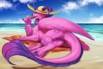  3_horns ambiguous_gender beach claws dragon fangs feathered_wings feathers feral food holding_object horn long_tongue looking_at_viewer multi_horn muscular muscular_feral nitrods open_mouth open_smile pink_body pink_claws popsicle sand seaside smile solo tongue water wings 