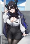  1girl absurdres aidoruhakase asymmetrical_horns black_hair black_pantyhose black_skirt blue_hair blurry blurry_background breasts cleavage cowboy_shot glasses highres hololive hololive_english horns large_breasts mole mole_under_eye multicolored_hair nerissa_ravencroft nerissa_ravencroft_(casual) office pantyhose purple_eyes semi-rimless_eyewear shirt skirt solo two-tone_hair under-rim_eyewear uneven_horns virtual_youtuber white_shirt 