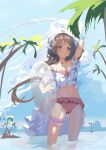  1girl :o absurdres animal_ears antenna_hair arknights arm_behind_head bikini blue_sky blush breasts cloud cloudy_sky eyjafjalla_(arknights) eyjafjalla_(summer_flowers)_(arknights) feet_out_of_frame float-dian flower hair_flower hair_ornament highres horns long_hair looking_at_viewer navel off-shoulder_bikini off_shoulder open_mouth outdoors palm_tree pink_bikini pink_eyes pink_flower sarong sheep_ears sheep_girl sheep_horns sky small_breasts solo stomach swimsuit thigh_strap tree wading white_sarong 