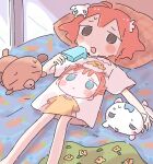  1girl 1nupool animal black_eyes cat character_print dog food highres hot indoors lying on_back on_bed original popsicle red_hair shirt short_hair sweat t-shirt 