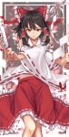  1girl bangs between_fingers black_hair bow collarbone detached_sleeves eyebrows_visible_through_hair gohei hair_bow hair_tubes hakurei_reimu highres holding looking_at_viewer nontraditional_miko ofuda open_mouth red_bow red_eyes red_skirt ribbon-trimmed_skirt ribbon-trimmed_sleeves ribbon_trim shide short_hair skirt solo touhou wide_sleeves yu_sa1126 