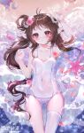  1girl alternate_costume animal_ears antenna_hair arknights artist_name beach blush breasts brown_hair casual_one-piece_swimsuit clam collarbone covered_navel eyjafjalla_(arknights) eyjafjalla_(summer_flowers)_(arknights) feet_out_of_frame flower hanajiang highres horns long_hair looking_at_viewer lying medium_breasts ocean official_alternate_costume on_back one-piece_swimsuit parted_lips pink_eyes pink_flower sheep_ears sheep_girl sheep_horns shell single_thighhigh solo starfish swimsuit thighhighs water wet white_legwear white_swimsuit 